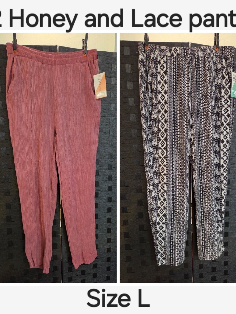 NWT Honey & Lace Pants Bundle Size L Mauve Geometric